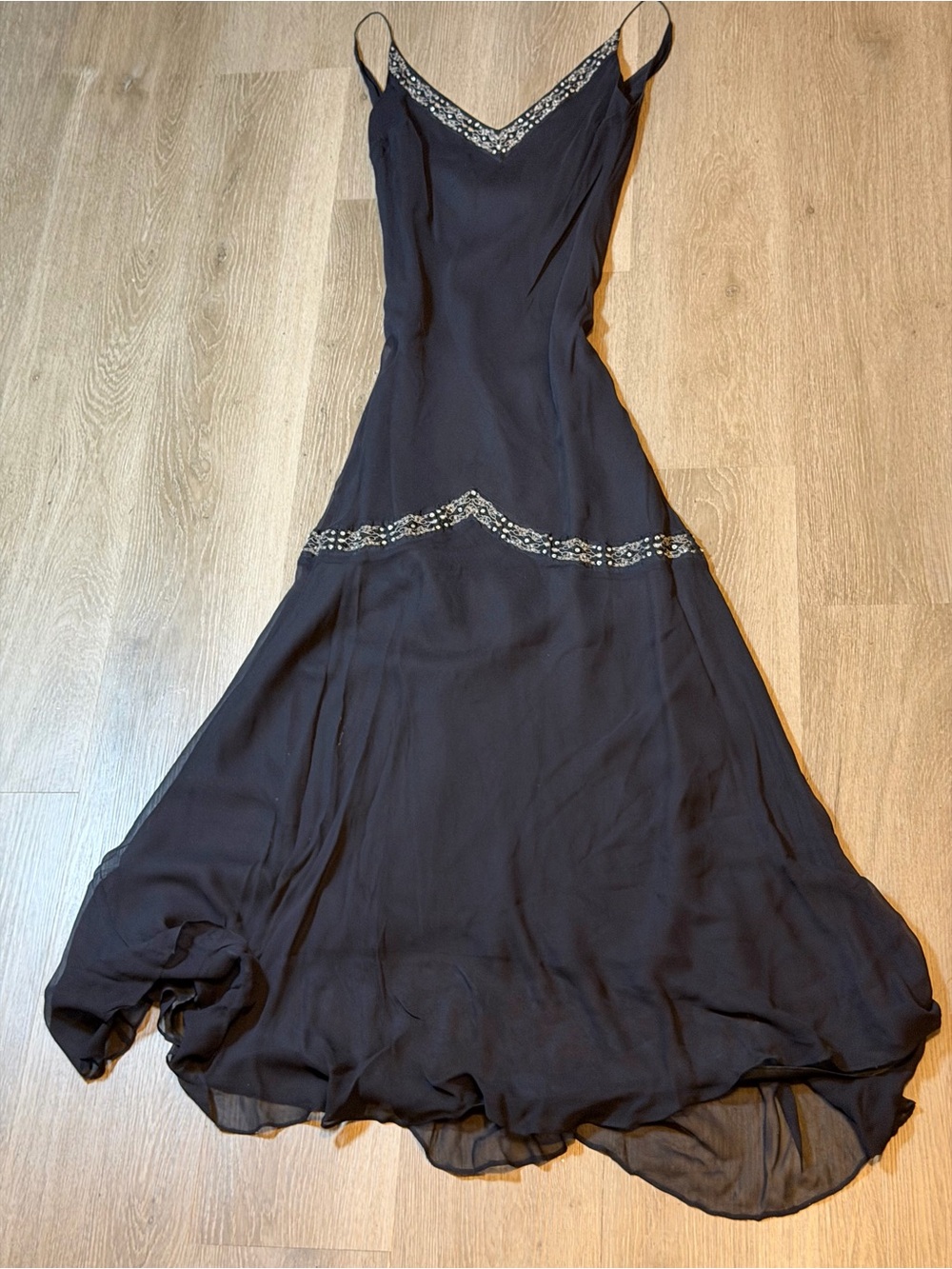 Vintage Morrell Maxie Y2K 100% Silk Black Chiffon Maxi Slip Dress Evening Prom